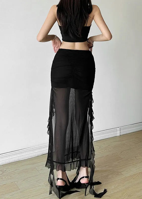 Black Ruffled Patchwork Side Open Tulle Skirts Summer