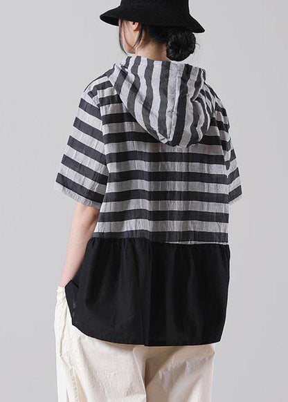 Black Striped Patchwork Cotton Linen Blouses Summer