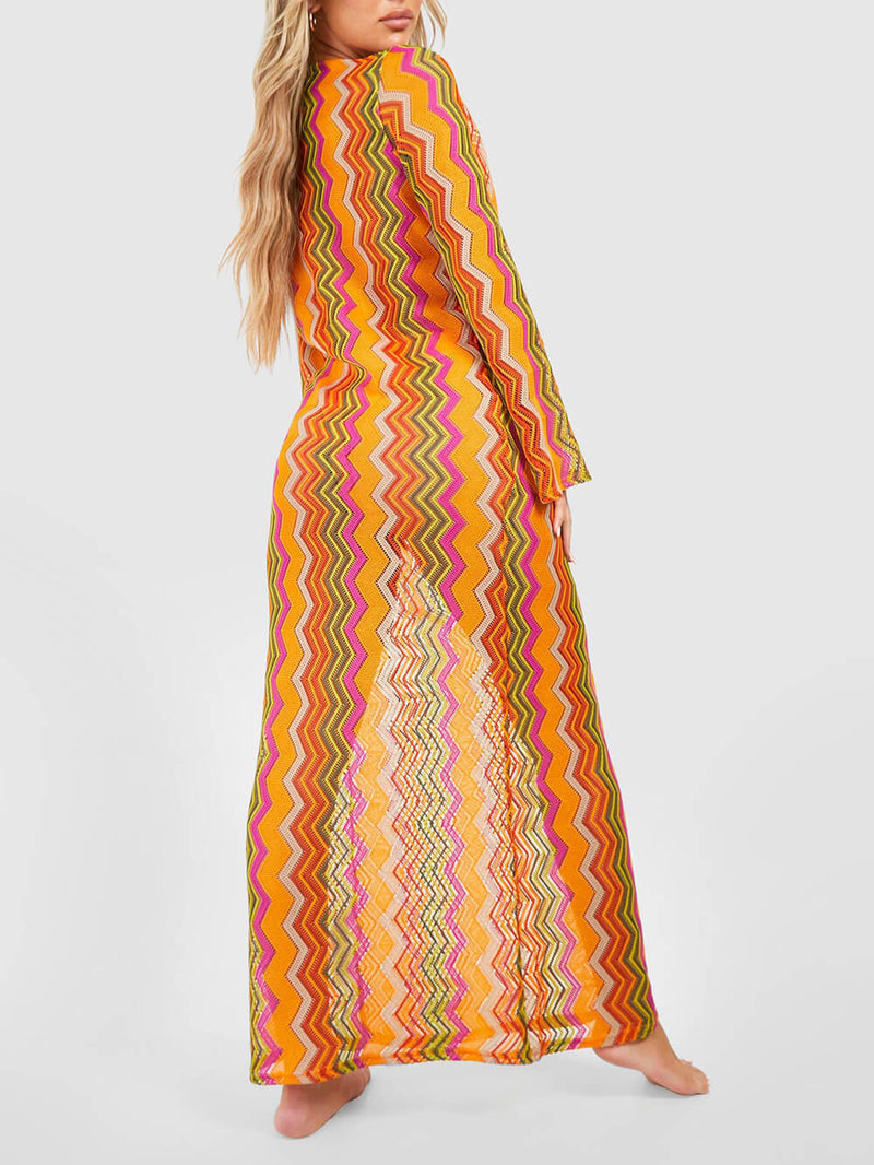 Soda Orange Stripe Print O-ring Long Sleeve Beach Maxi Dress