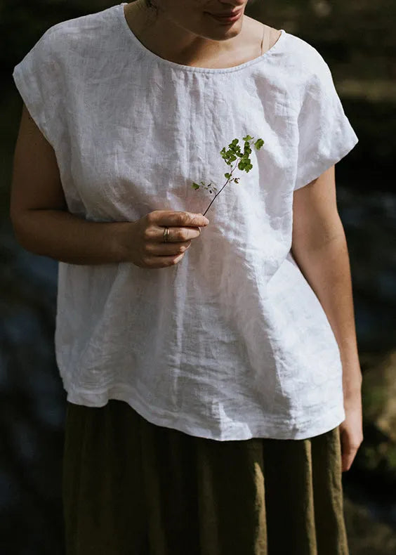 Organic White Wear on Both Sides Linen T Shirt Top Summer