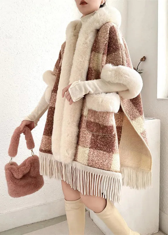 Orange Fur Collar Tasseled Warm Fleece Cape Coats Half Sleeve