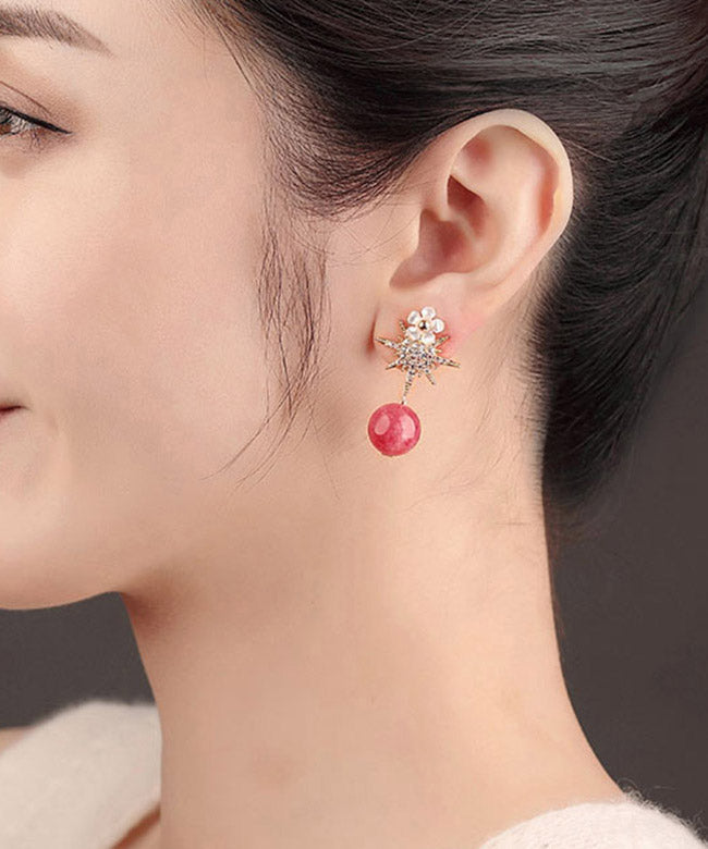 Red Sterling Silver Zircon Shell Flower Asymmetricar Hoop Earrings