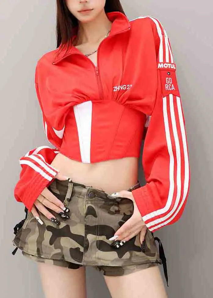 Red Patchwork Spandex Coats Back Cross Strap Fall