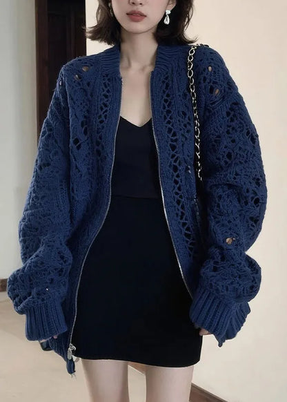 Blue O-neck Zippered Patchwork Cotton Knit Coats Long Sleeve