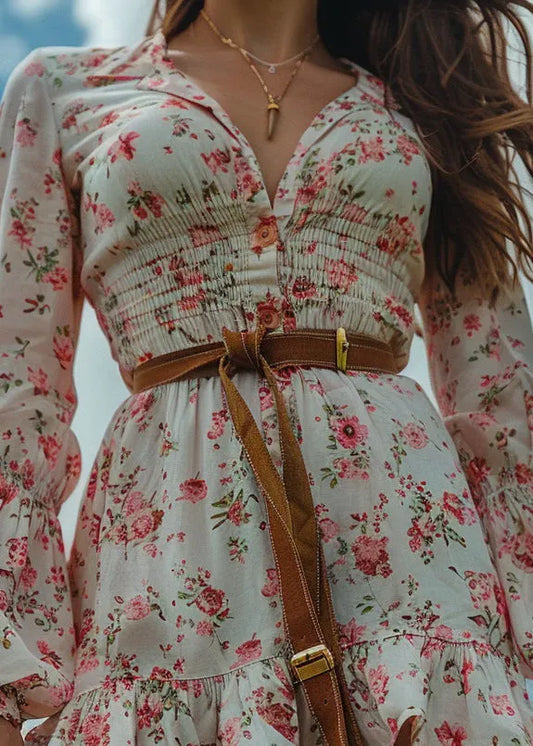 Pastoral Style Ruffled Print Cotton Mini Dress Long Sleeve