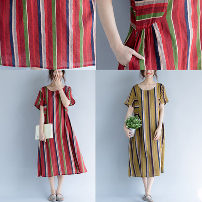 Yellow Long Cotton Linen Dress O Neck Traveling Clothing Fine Striped Short Sleeve Cotton Linen Caftans