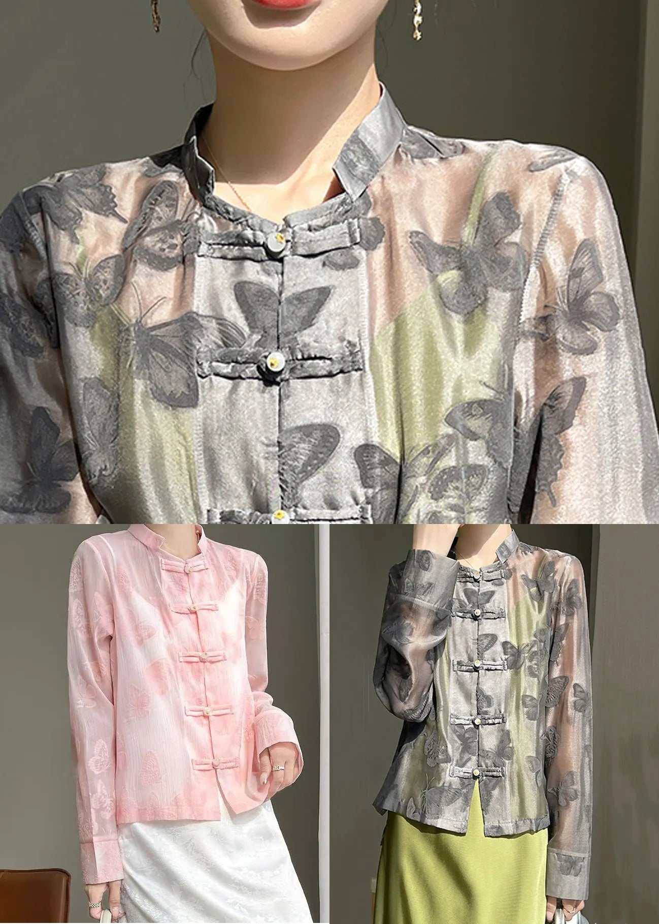 Black Stand Collar Thin Silk Shirt Long Sleeve