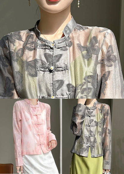 Black Stand Collar Thin Silk Shirt Long Sleeve