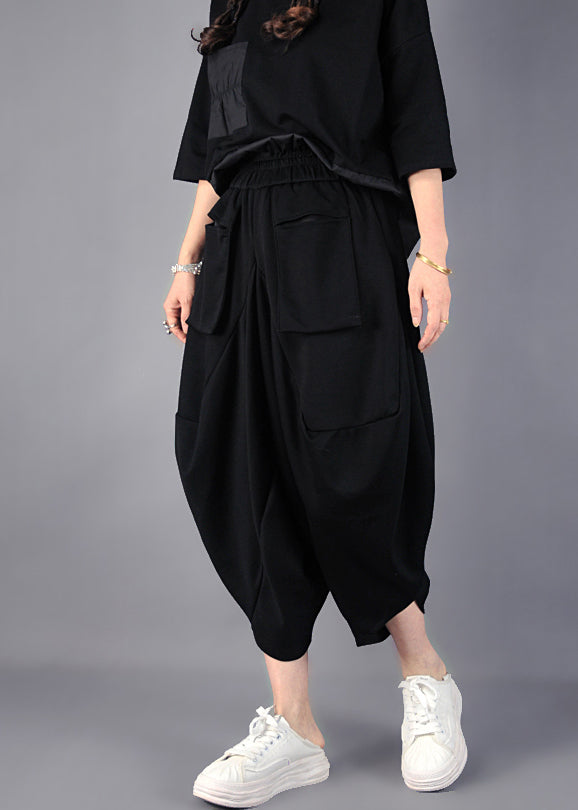 Black Asymmetrical Cotton Harem Pants Spring