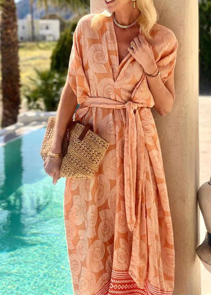Orange V Neck Print Lace Up Cotton Dress Summer