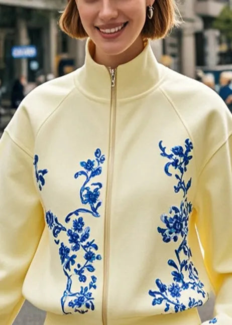Yellow Stand Collar Print Cotton Jacket Fall