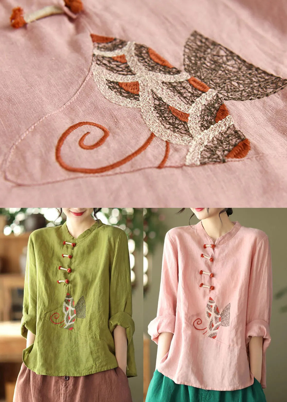 Pink O-neck Embroidered Linen Top Long Sleeve
