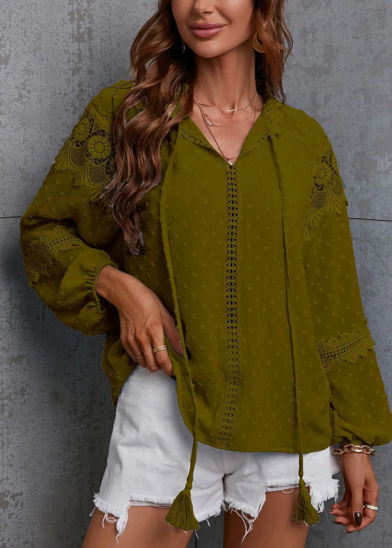 Unique Blue Hollow Out Lace Patchwork Chiffon Shirt Top Spring