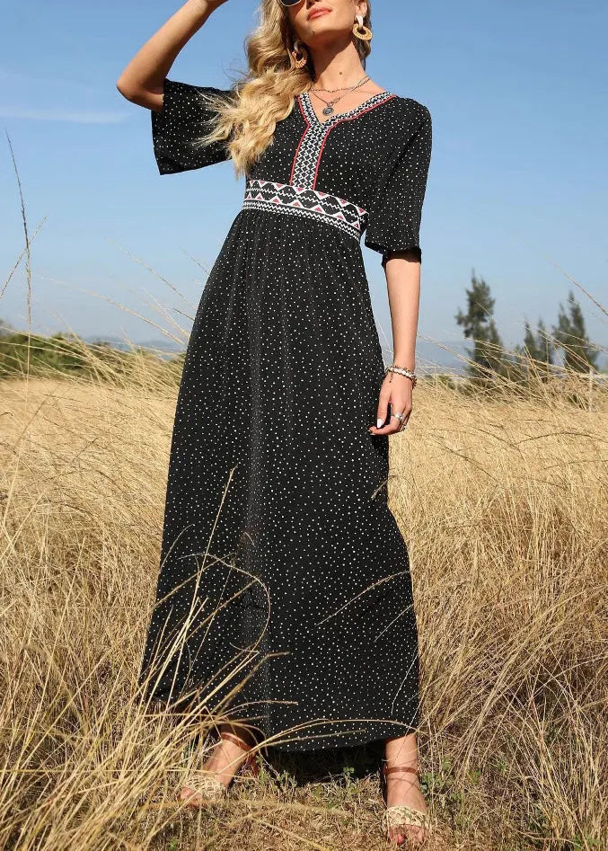 Black V Neck Print High Waist Cotton Long Dress Half Sleeve
