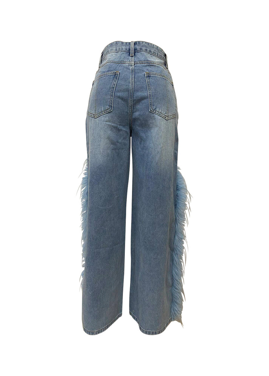 Italian Blue Tasseled Pockets Patchwork Denim Pants Fall