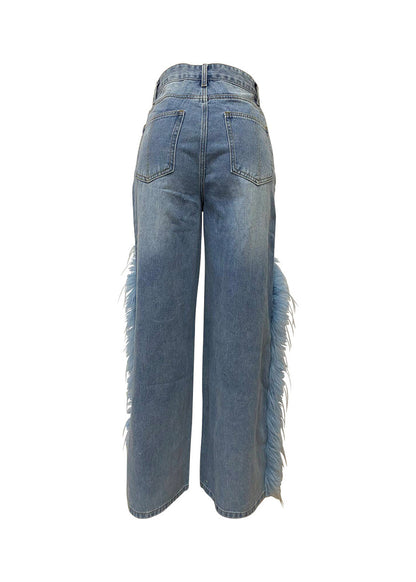 Italian Blue Tasseled Pockets Patchwork Denim Pants Fall