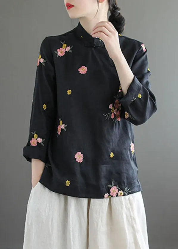 Black Stand Collar Embroidered Linen Shirt Long Sleeve