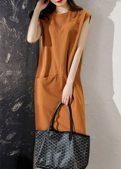 Slim Fit Orange O-neck Pockets Long Dress Short Sleeve