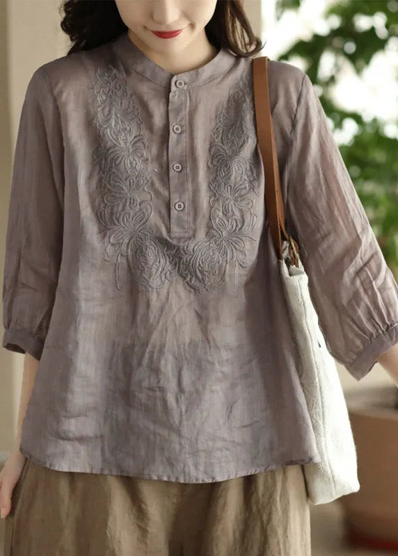 Orange Stand Collar Embroidered Shirt Long Sleeve