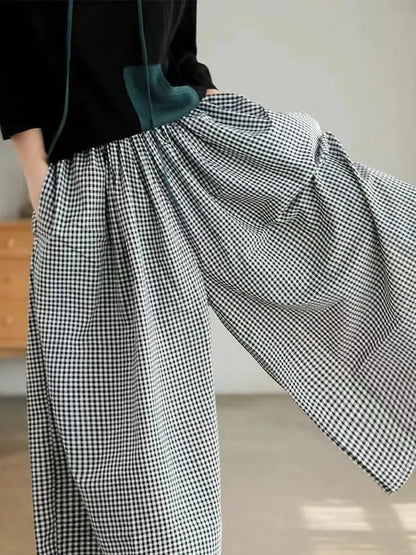 Retro Cotton Linen Plaid Wide Leg Pants