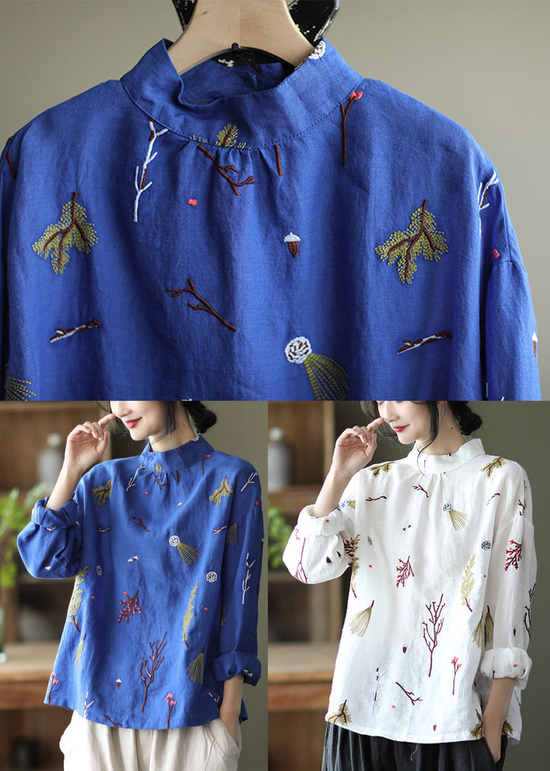 Stylish Gray Flower Embroidered Retro Linen Blouse Tops Spring