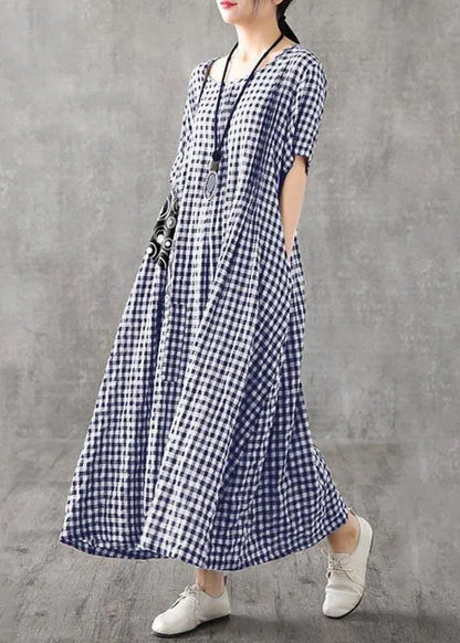 Red Plaid Linen Dresses Summer Long Cotton Dress Maxi Gown