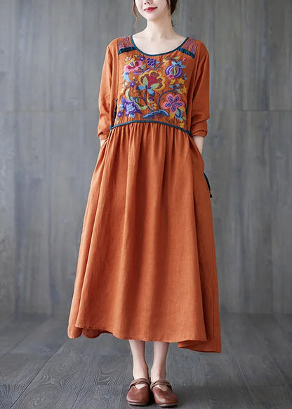 Orange O Neck Embroidered Patchwork Cotton Dress Spring