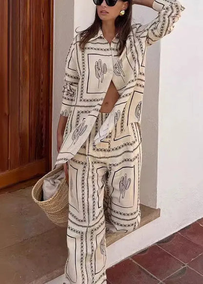 Natural White Peter Pan Collar Print Shirts and Wide Leg Pants Fall