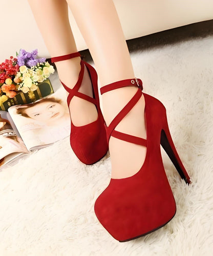 Black High Heels Stiletto Suede Boutique Splicing Buckle Strap
