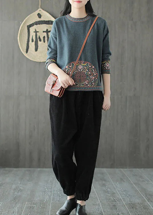 Blue Green O-neck Jacquard Fall Knit Sweater