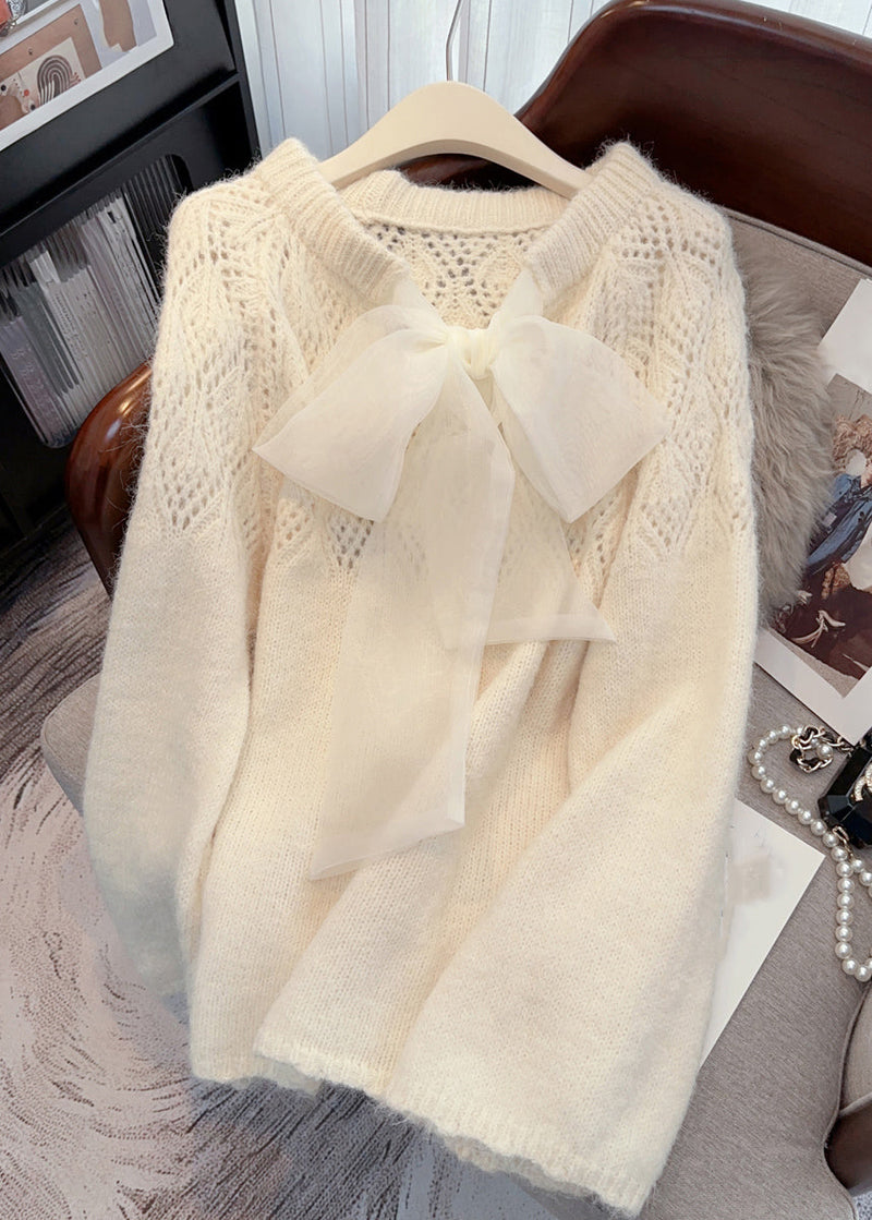 French Fruit Green O-neck Hollow Out Ma Hai Mao Cotton Knit Sweater Tops Winter