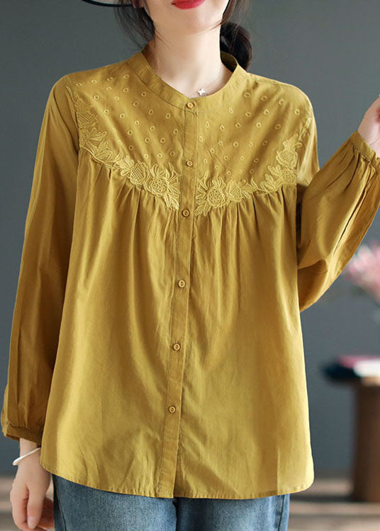 Organic Green O Neck Embroidered Cotton Shirts Spring