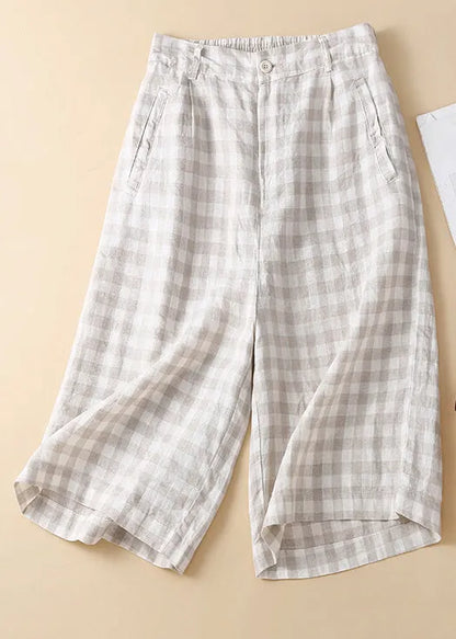 New Black Plaid High Waist Linen Wide Leg Shorts Summer
