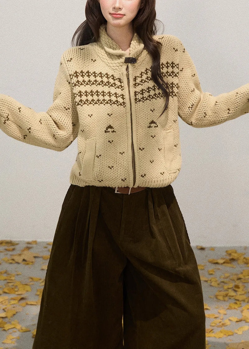 Khaki Stand Collar Zippered Knit Jackets Fall