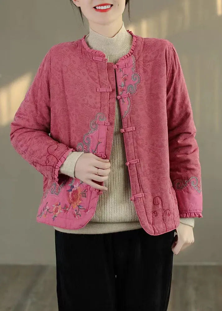 Handmade Orange Embroidered Patchwork Fine Cotton Filled Coat Outwear Spring