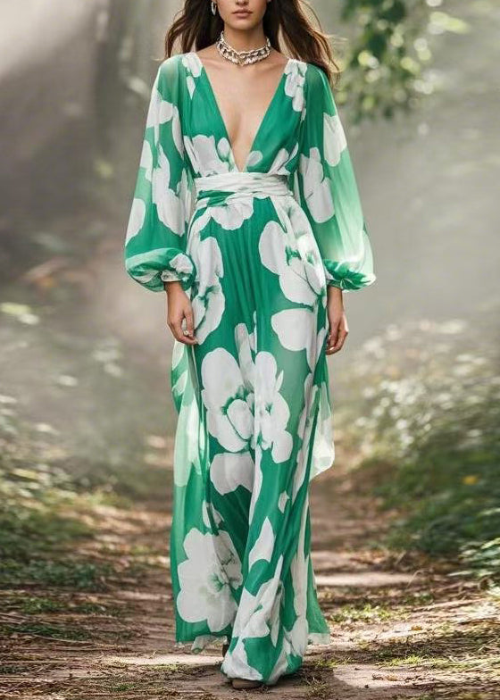 Green V Neck Print Chiffon Maxi Dress Spring