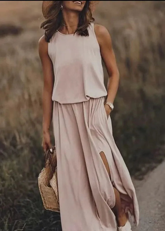 Khaki O Neck Side Open Cotton Dress Sleeveless