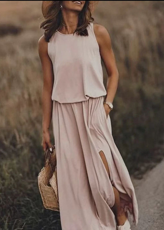Khaki O Neck Side Open Cotton Dress Sleeveless