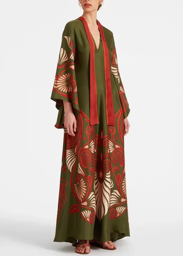 White Print Wear on Both Sides Silk Maxi Dresses Bracelet Sleeve