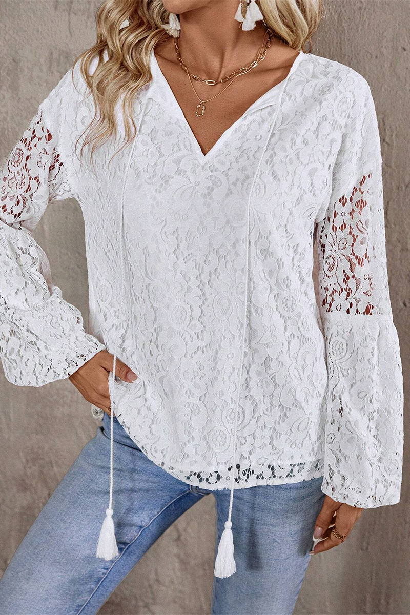 Color Lace Fringed Trim Hollow Out V Neck Tops(4 Colors)