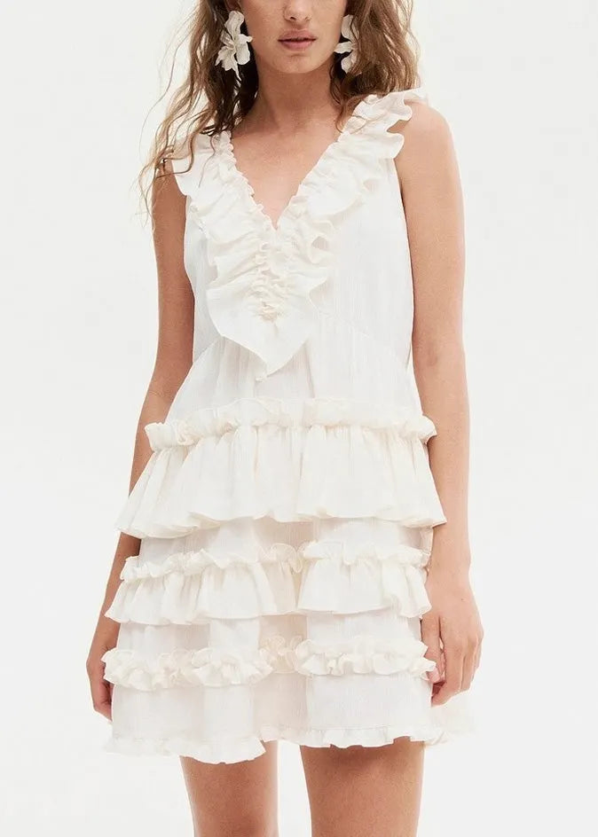 Art Red V Neck Ruffled Cotton Mini Dress Sleeveless