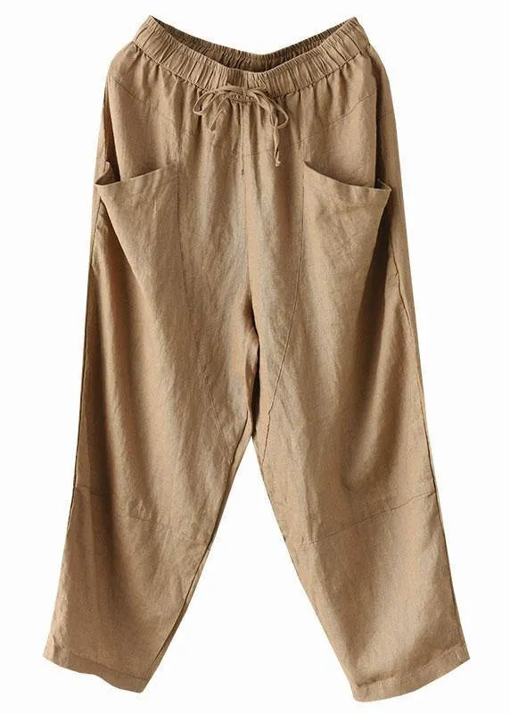 Art White Stripes Tie Waist Pockets Summer Harem Pants Linen