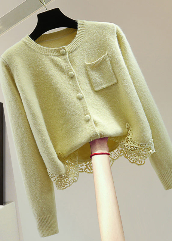 Light Green O-neck Lace Patchwork Cotton Knit Cardigan Spring