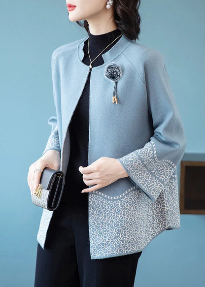 Classy Blue O-neck Patchwork Knit Coats Fall