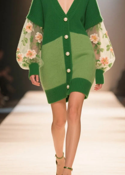 Italian Green V Neck Tulle Patchwork Knit Cardigans Fall