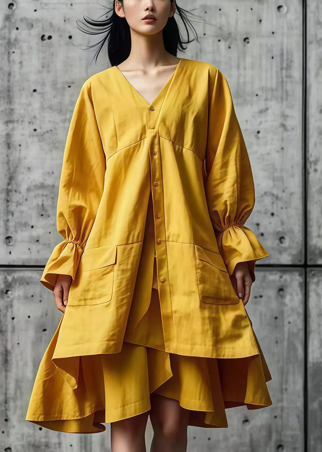Yellow Asymmetrical Design Cotton Shirt Dresses Fall