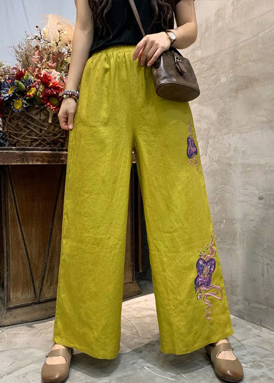 Yellow Embroidered Linen Wide Leg Pants Summer