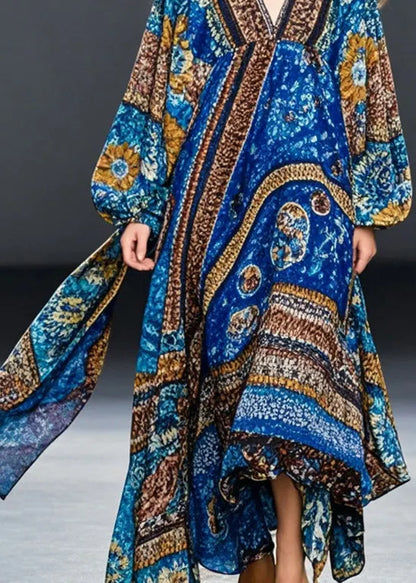Blue Oversized Print Cotton Maxi Dresses Fall