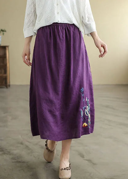 Black Elastic Waist Embroidered Linen a Line Skirts Spring