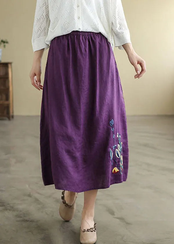 Black Elastic Waist Embroidered Linen a Line Skirts Spring